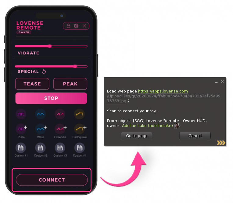The HUD Connect button and the QR code link dialog